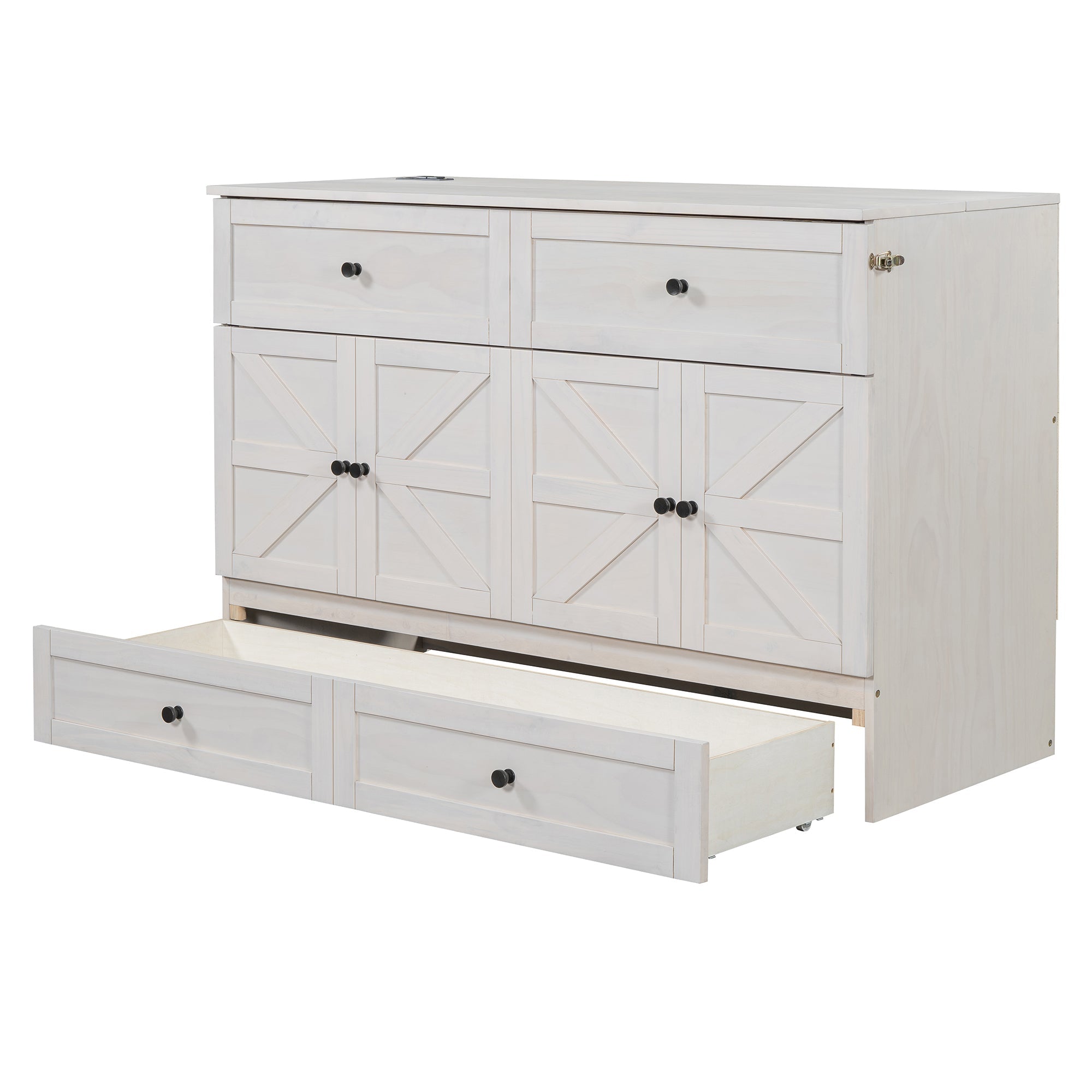 Queen Size Murphy Bed with Large Drawers & USB Ports,Brushed White