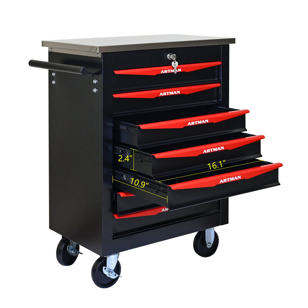 7-Drawer Multifunctional Tool Cart with Wheels, Metal Rolling Tool Cart Storage for Garage Workshop Warehouse Repair Shop - with Stainless Steel Roof - Black & Red
