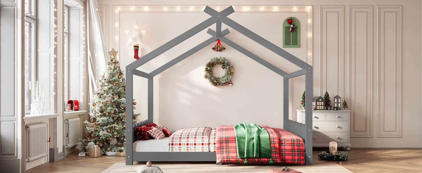 Queen House Floor Bed with Support Slats, Solid Wood House Bed Frame for Kids, No Box Spring Needed and Opening Constructure, Gray