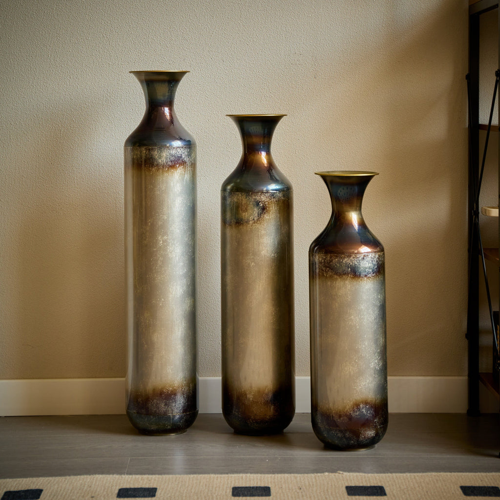 Modern Droplet-Shaped Floor Vase Set – Gold & White Glazed Metal Decorative Vases – 3-Piece Home Accent for Living Room or Entryway