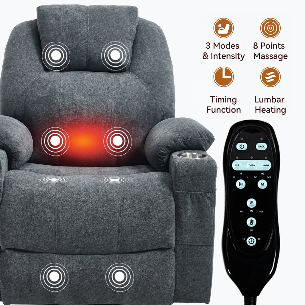 Up to 350 LBS polyester Power Lift Recliner Chair, Heavy Duty Motion Mechanism with 8-Point Vibration Massage and Lumbar Heating, USB and Type-C Ports, Stainless Steel Cup Holders, Grey