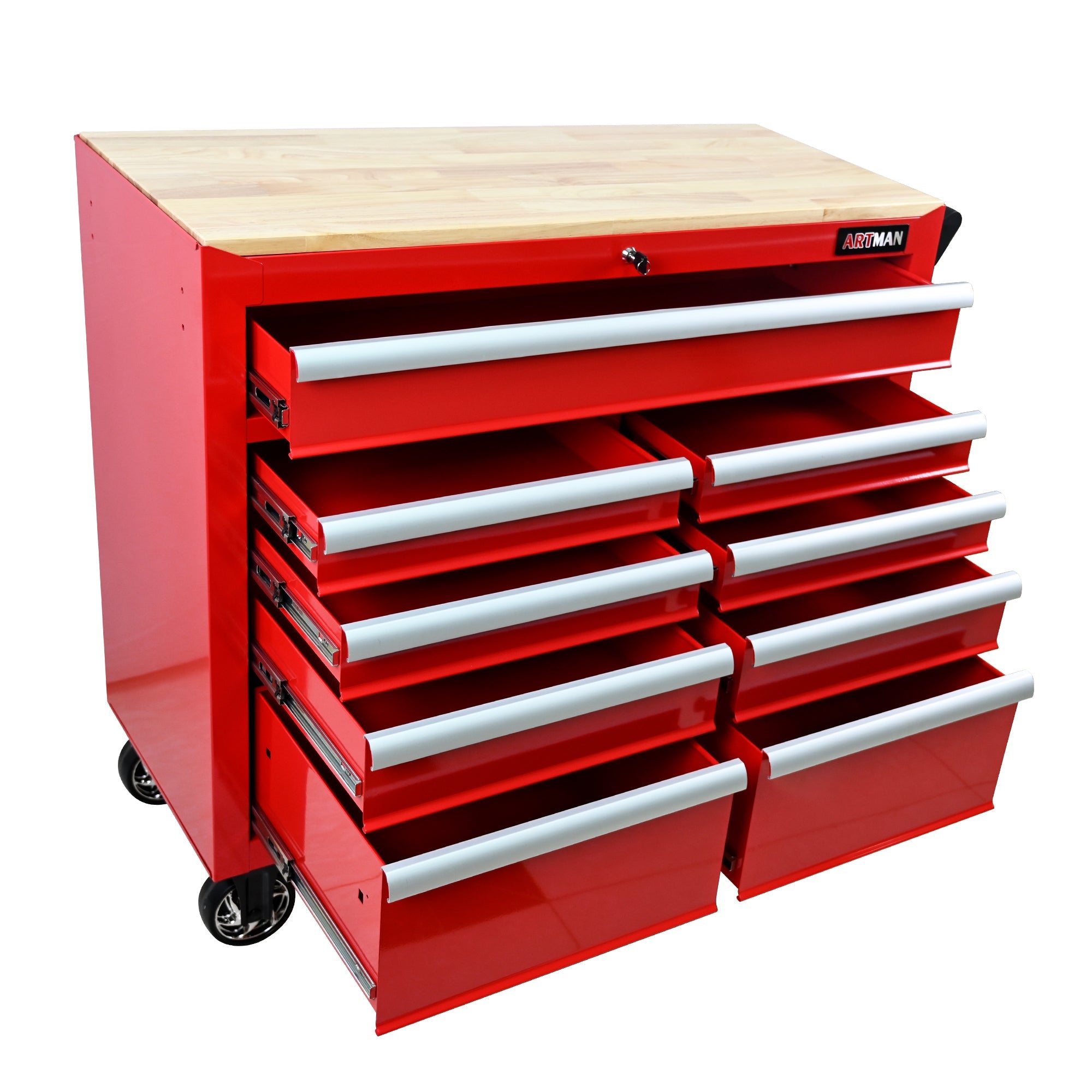 9-Drawer Multifunctional Steel Tool Cart with Wheels and Wooden Top, Red