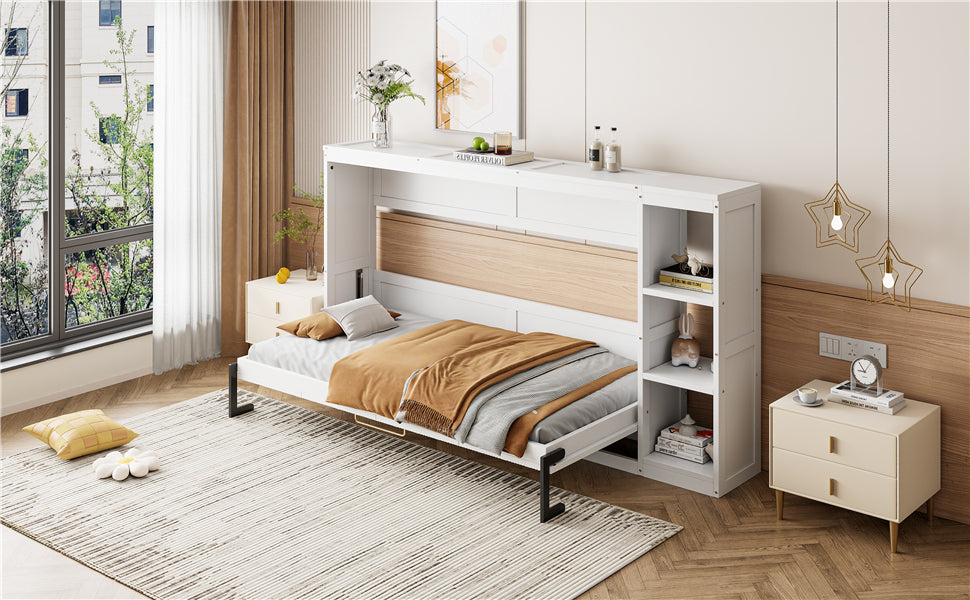 Twin Size Murphy Bed with Bookshelf, White