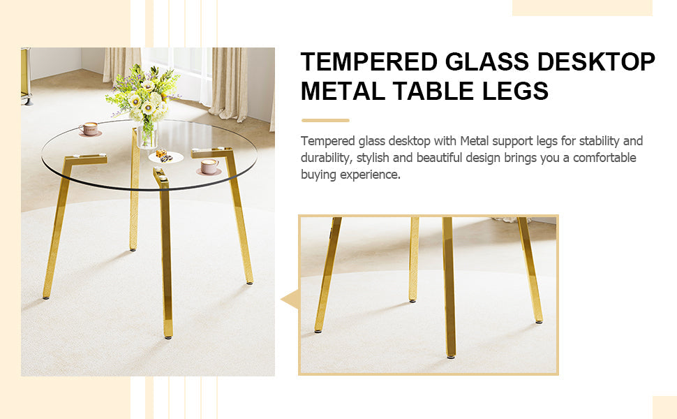 Modern minimalist style circular transparent tempered glass table, tempered glass tabletop, golden metal legs, suitable for kitchen, dining room, and living room, 42 '* 42' * 29.5 '1123r