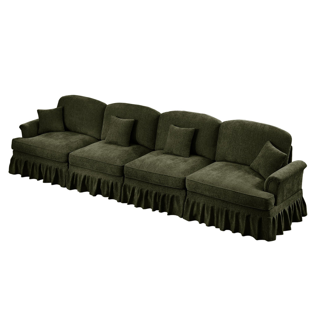 Elegant Mid Century Large 4 Seater Sofa Couch with Flared Arms and Removable Ruffles Pleats Skirts and Spindle Legs, Comfy Chenille Four-Seat Sofa for Living Room, Green