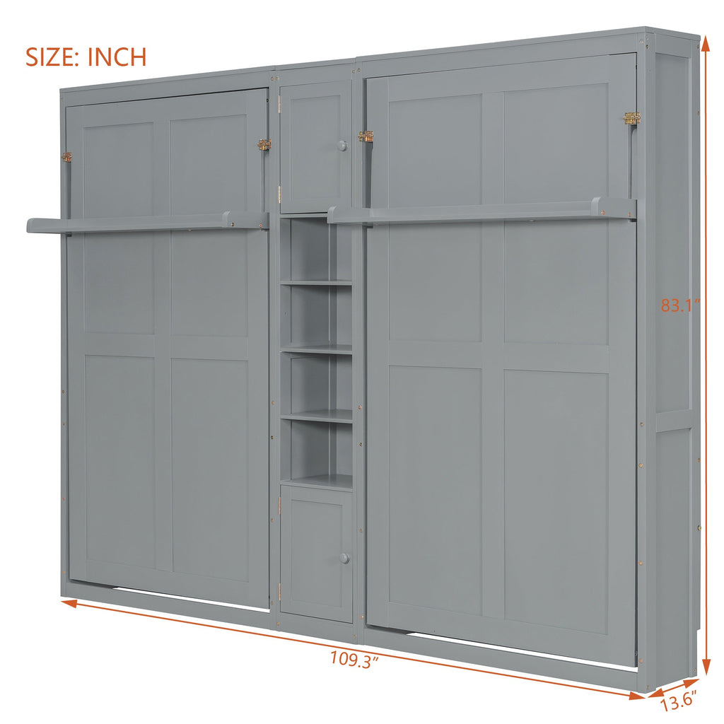 Dual Twin size Wall Murphy Beds with Cabinets and Shelves, Gray