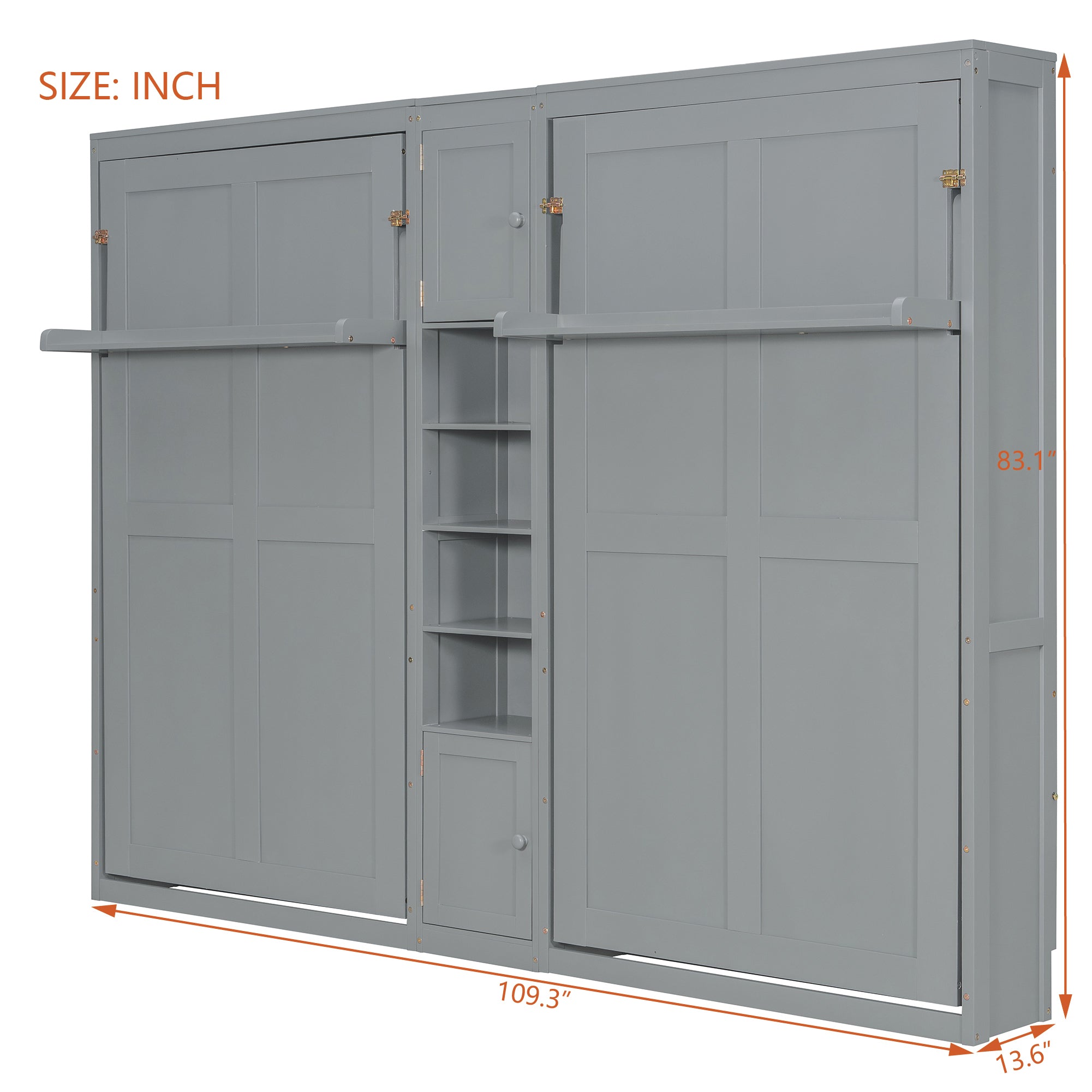Dual Twin size Wall Murphy Beds with Cabinets and Shelves, Gray