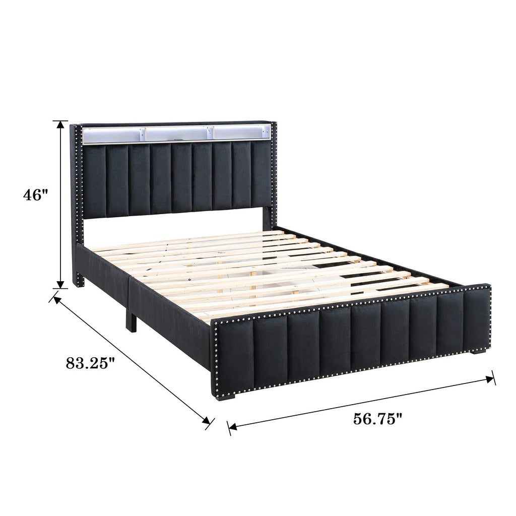 Full Size Bed And 2x Nightstands Bedroom Furniture Luxury Look Black Fabric Upholstered Bedframe w LED Nailhead Trim 3pc Bedroom Set