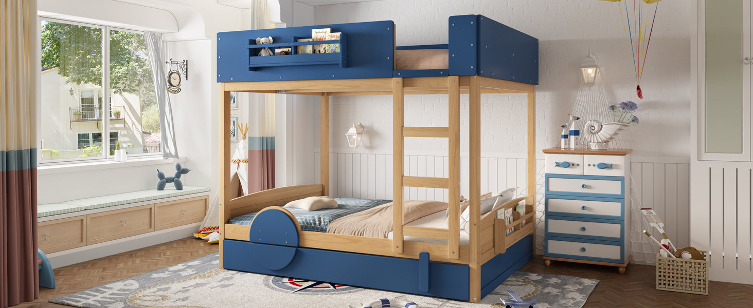 Full Bunk Bed with Trundle , Wood Bunk Bed Frame with Built-inBookshelf and High-quality Safety Guardrail,Automobile Form Design for Kids ,Blue＆Natural.