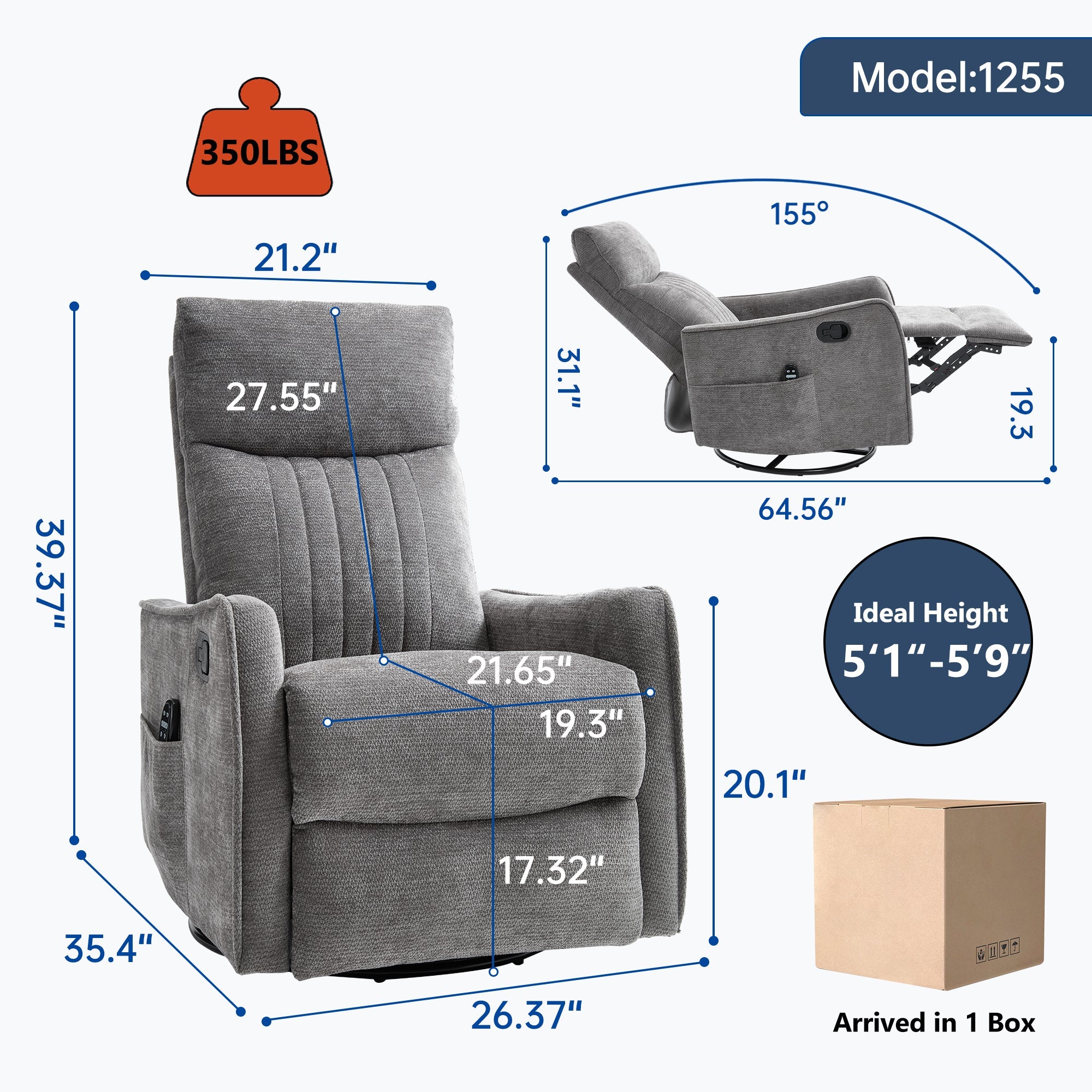 Dark Grey Heat Massage Manual Recliner Chair with Rocker and Swivel in Fabric for Living Room
