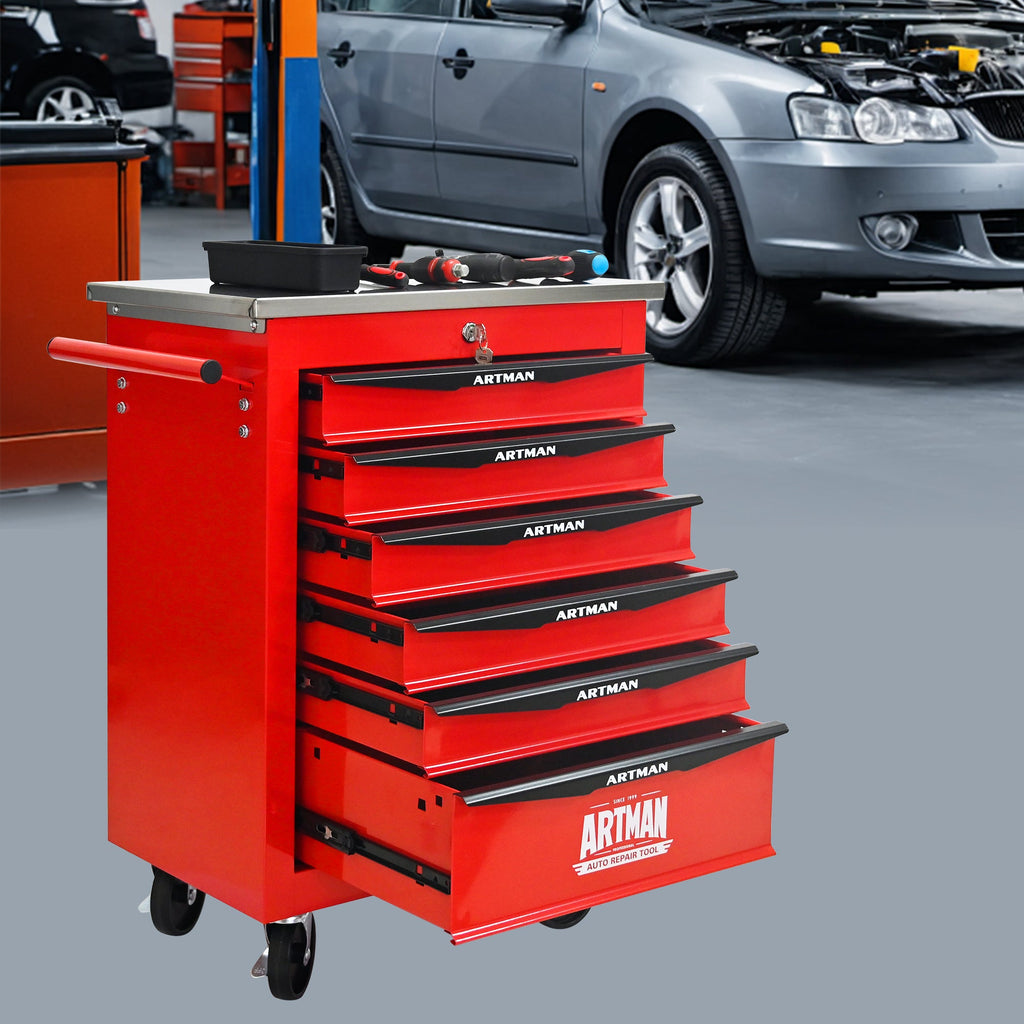 6 Drawers Multifunctional Tool Cart with Wheels,Metal Rolling Tool Cart Storage for Garage Workshop Warehouse Repair Shop--With Stainless Steel Roof- Red&Black