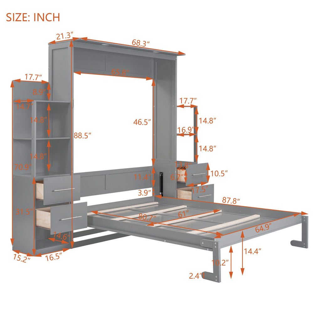 Queen Size Murphy Bed Wall Bed with Shelves, Drawers and Lights,Gray(OLD SKU:LP000566AAE-1)
