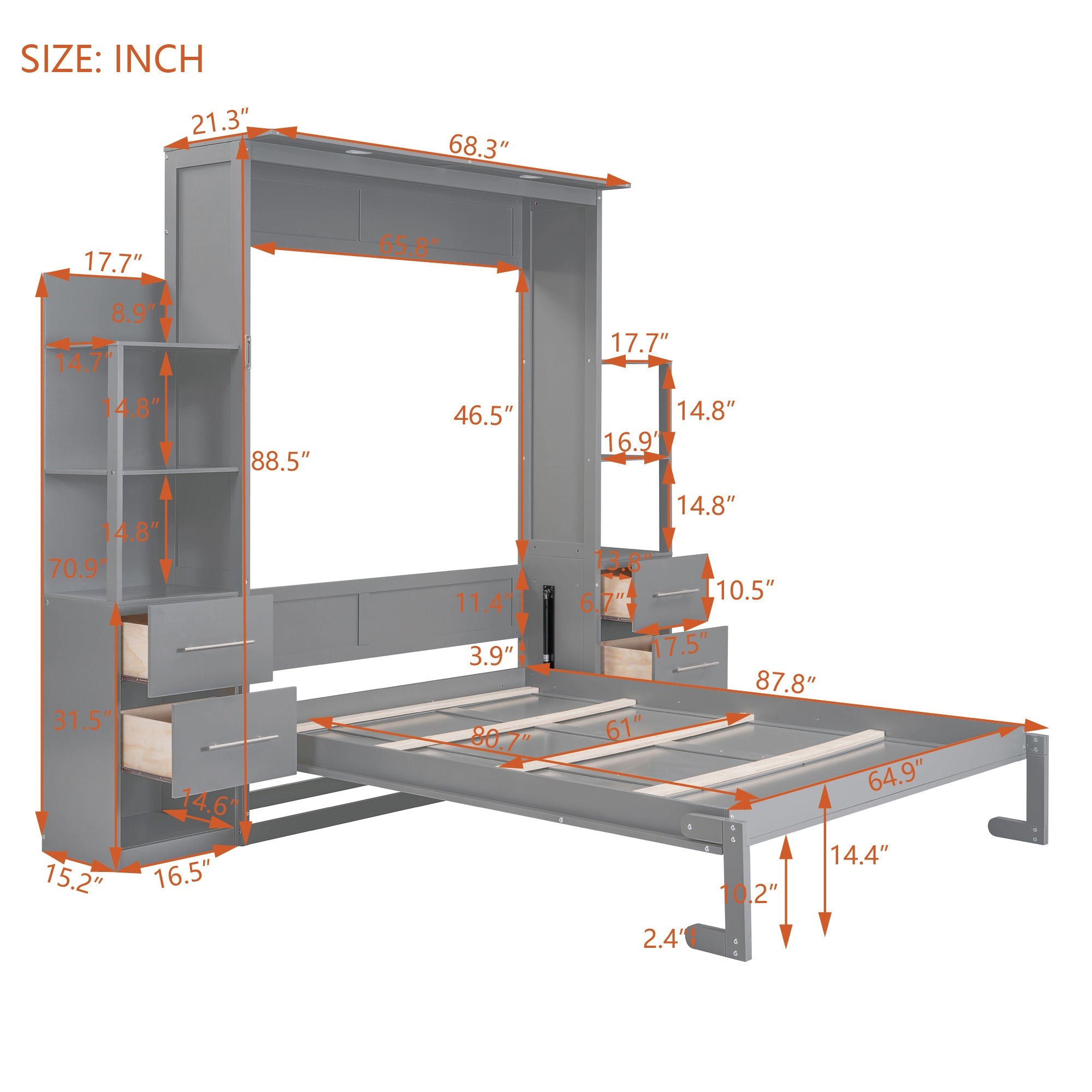 Queen Size Murphy Bed Wall Bed with Shelves, Drawers and Lights,Gray(OLD SKU:LP000566AAE-1)