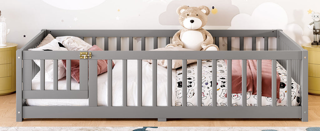 Full Size Bed Floor Bed with Safety Guardrails and Door for Kids, Gray(Old SKU: W1580P154626)