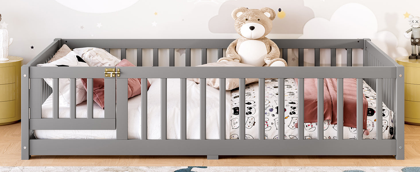 Full Size Bed Floor Bed with Safety Guardrails and Door for Kids, Gray(Old SKU: W1580P154626)