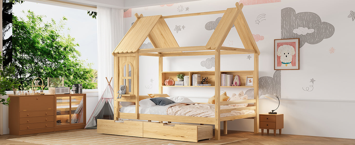 Full house Beds with Storage Drawers and Window, Solid Wood House Platform Bed Frame with shelves, for Kids, Girls, Boys, No Spring Box Needed and Childlike Design, Natural
