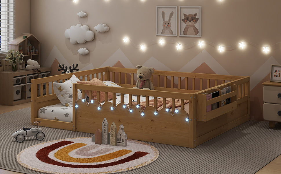 Full Montessori Floor Bed Frame with High Rails, Wood Kids Floor Beds with Light and Storage Shelf, Natural (Expect Arrival Date 2025/8/15)