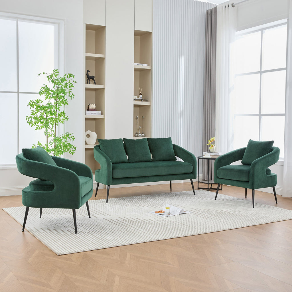 Mid Century Modern 3-Piece Velvet Upholstered Sofa Set with Metal Legs, Green, Loveseat & 2 Accent Chairs for Small Living Spaces