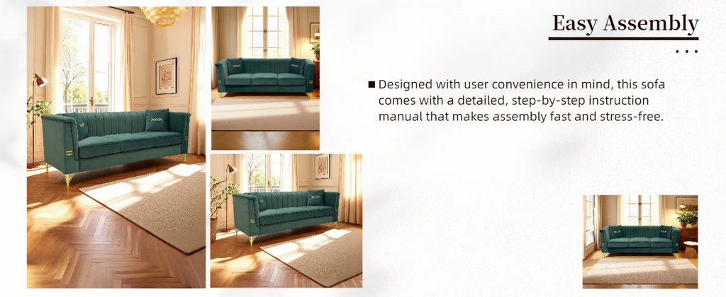 FX-P82-2PC SOFA -GR3  Green Velvet Sofa Set of 2, Two Modern 3-Seater Sofas with Plush Cushions & Gold-Tone Metal Legs  Stylish Living Room Couch Set for Homes, Apartments, and Guest Areas