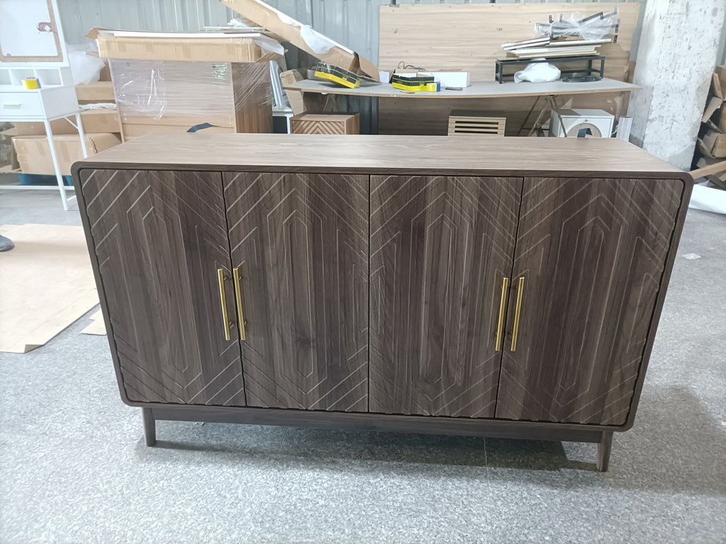 Modern Carved 4-Door Sideboard Buffet Cabinet with Storage, Adjustable Layer Board, Walnut Finish