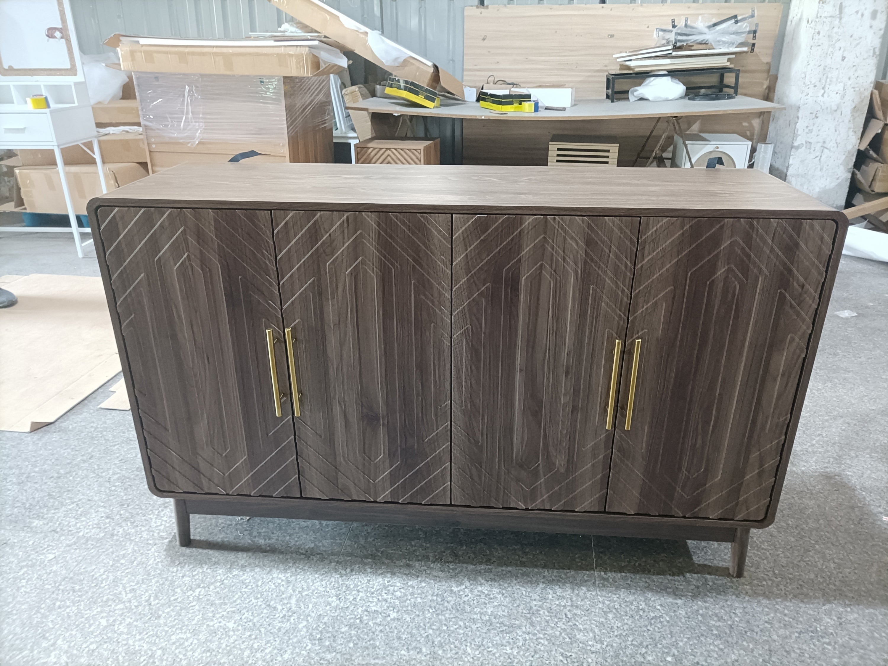 Modern Carved 4-Door Sideboard Buffet Cabinet with Storage, Adjustable Layer Board, Walnut Finish