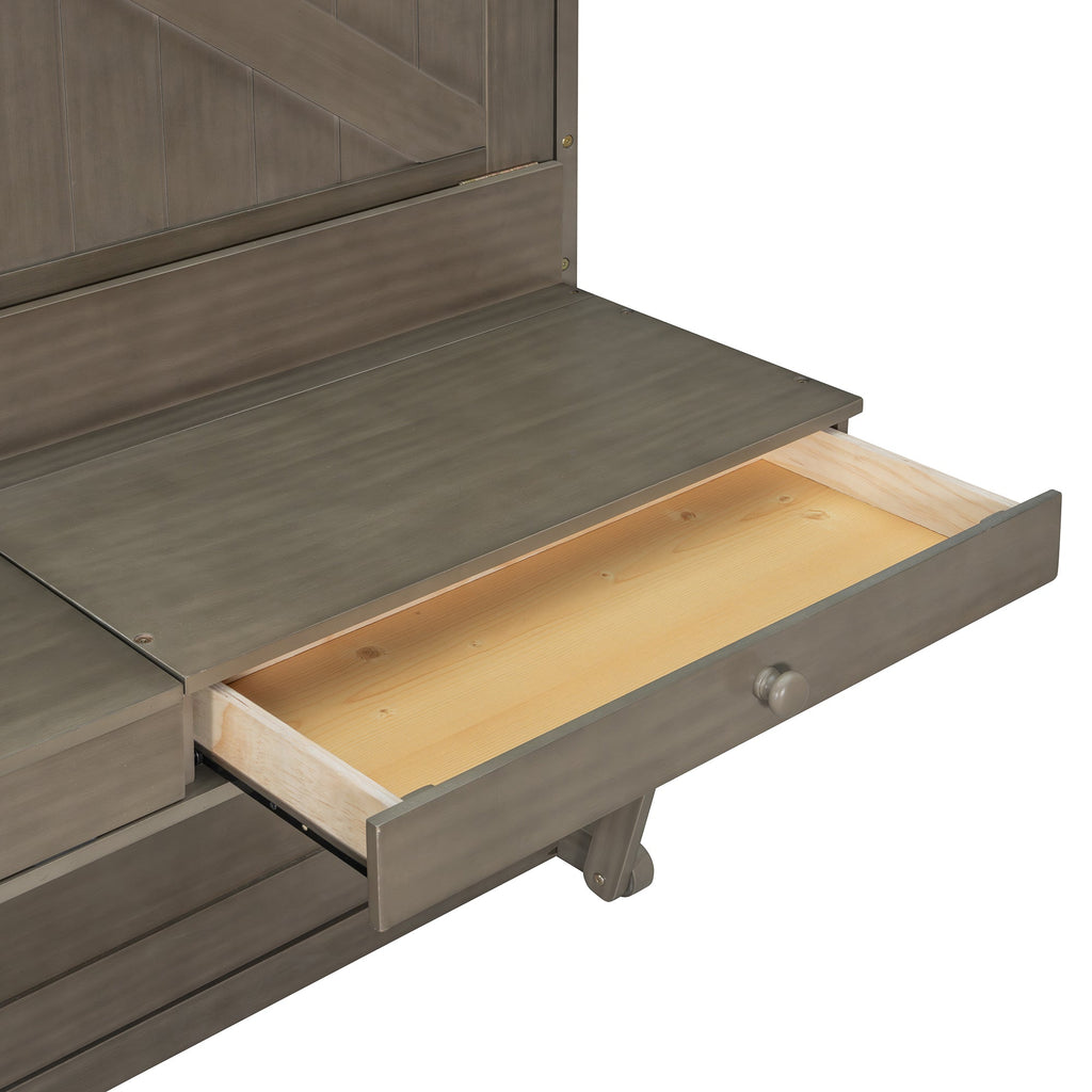 Queen Size Wall Murphy Bed with Storage, Foldable Cabinet Bed with Vanity Desk, Center Mirror & 2 Side Drawers, Distressed Gray