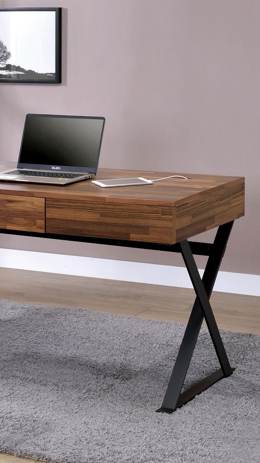 Industrial Computer Desk With Three Storage Drawers USB And Power Outlet, X-Cross Legs Black