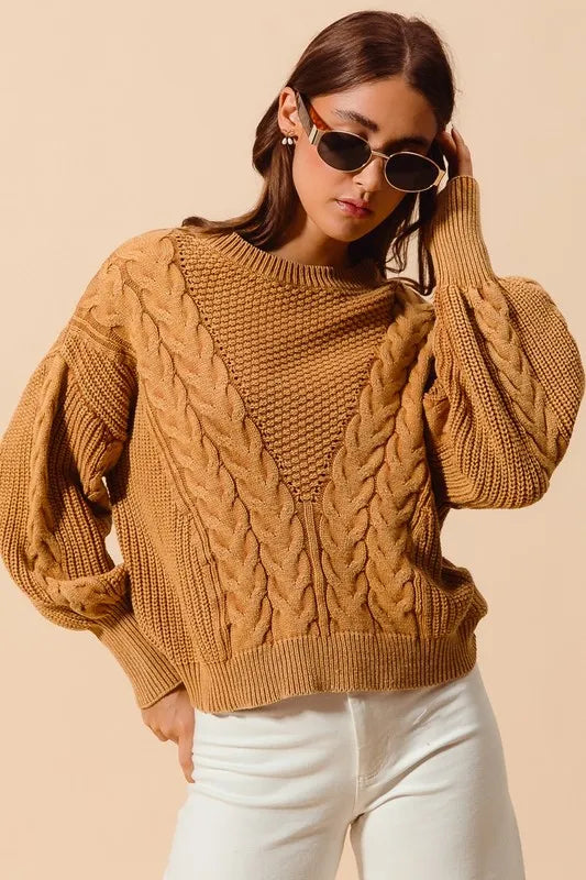 SO ME Mineral Washed Loose Fit Textured Cable Sweater