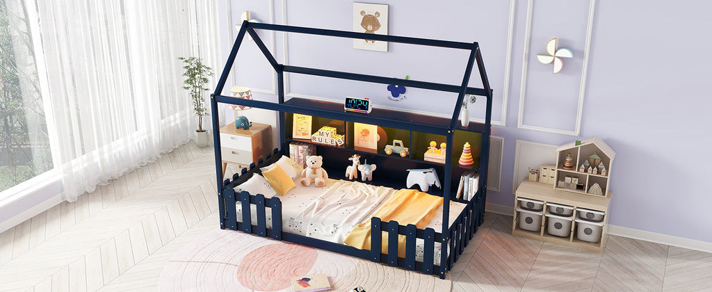Twin Size House Bed with LED Light, Wood House Bed with Storage Bookshelf, Floor House Bed with Guardrails for Kids, Navy Blue (Expect Arrival Date 2025/3/14)