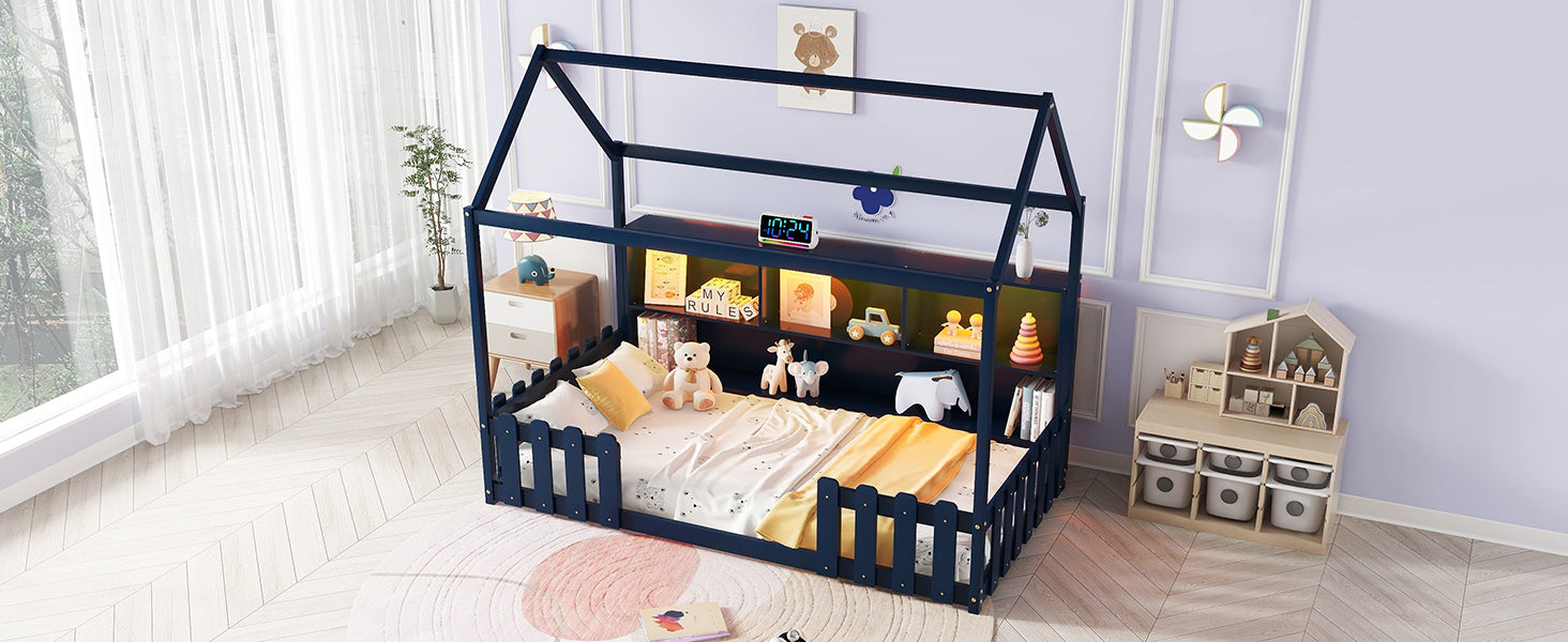 Twin Size House Bed with LED Light, Wood House Bed with Storage Bookshelf, Floor House Bed with Guardrails for Kids, Navy Blue (Expect Arrival Date 2025/3/14)