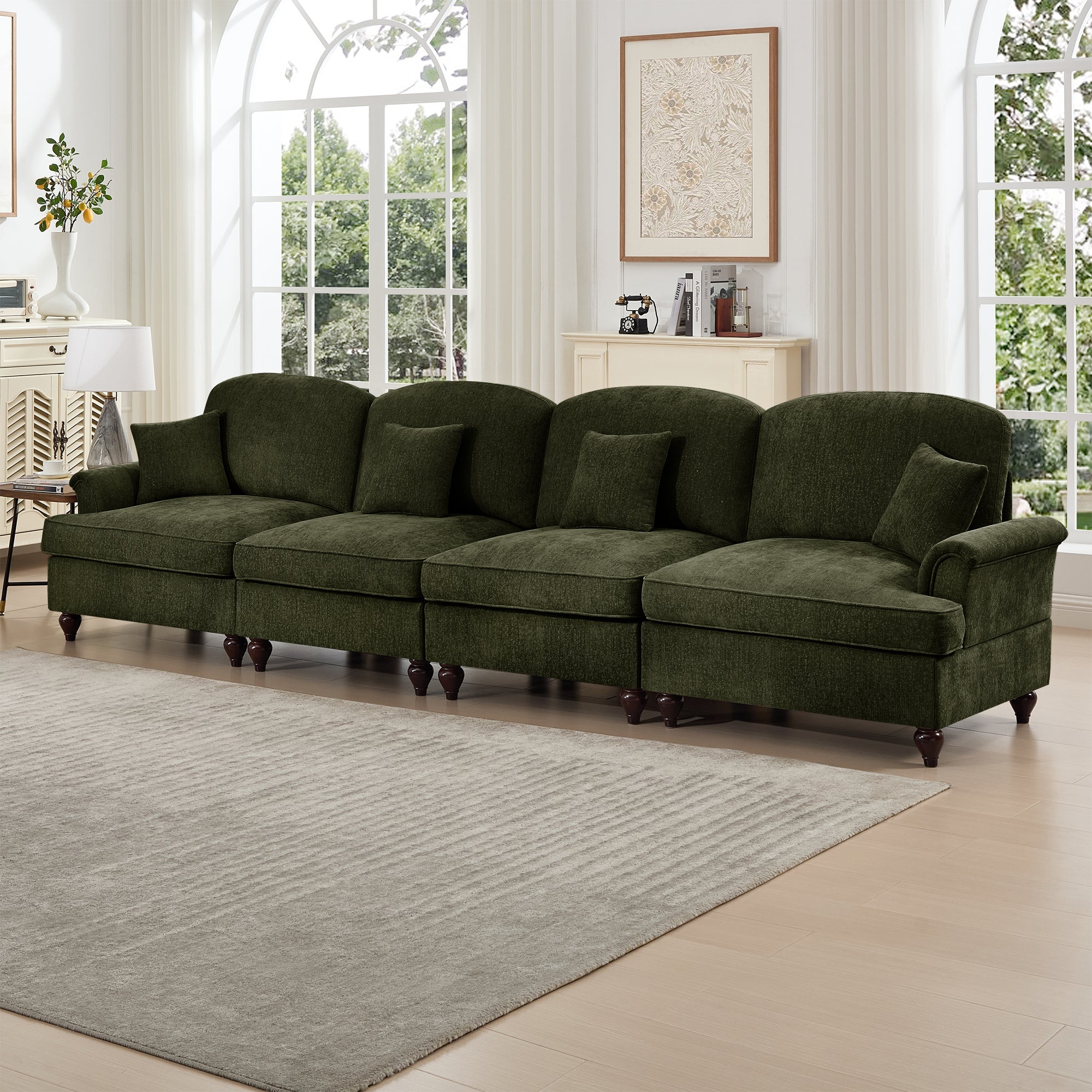 Elegant Mid Century Large 4 Seater Sofa Couch with Flared Arms and Removable Ruffles Pleats Skirts and Spindle Legs, Comfy Chenille Four-Seat Sofa for Living Room, Green