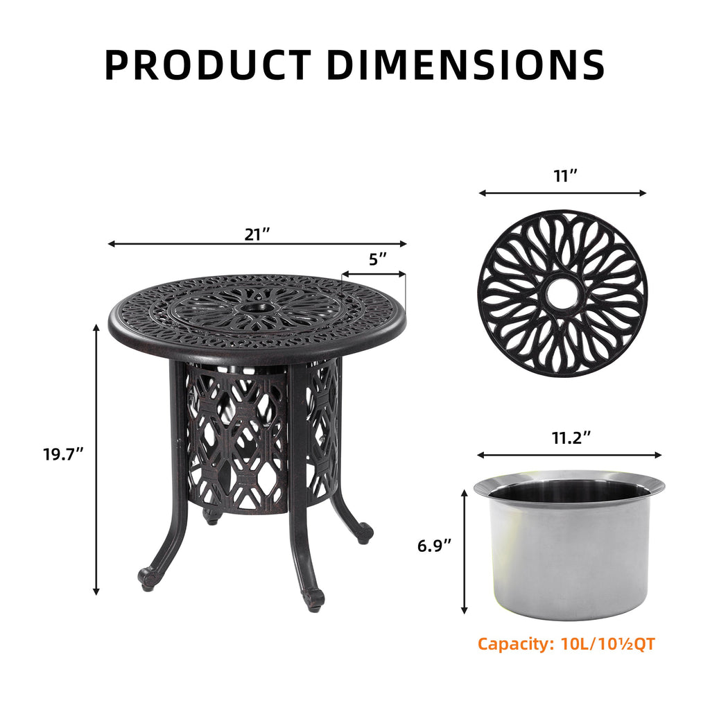 21-Inch Side Table with Removable Ice Bucket, Antique Bronze Aluminum Frame, Hand-Brushed Finish, Food-Grade Stainless Steel Bucket for Indoor & Outdoor Use