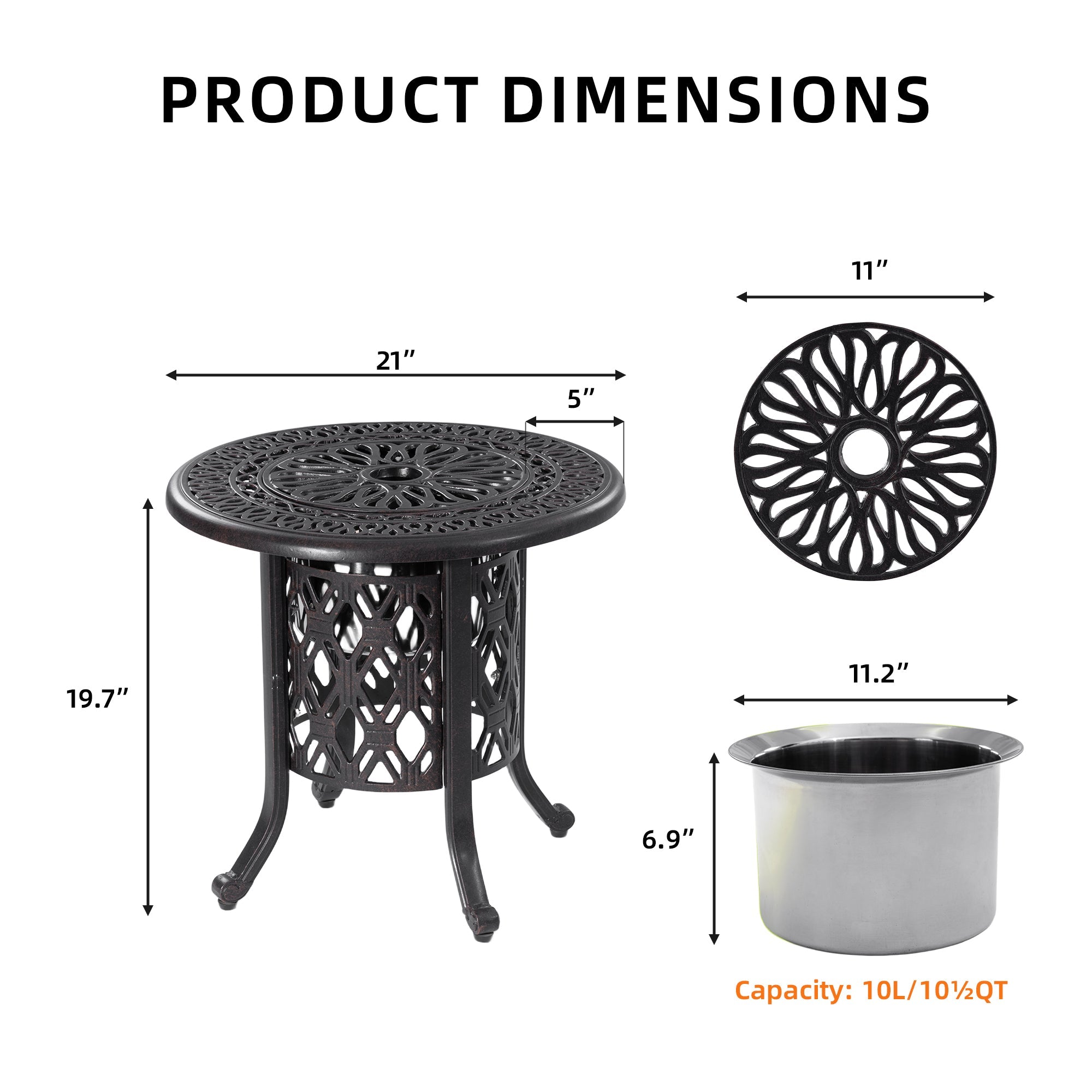 21-Inch Side Table with Removable Ice Bucket, Antique Bronze Aluminum Frame, Hand-Brushed Finish, Food-Grade Stainless Steel Bucket for Indoor & Outdoor Use