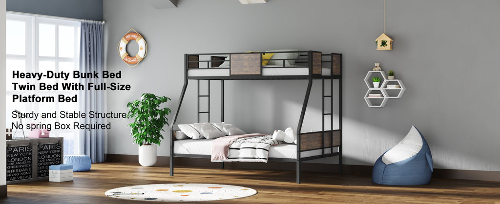 Twin Over Full Bunk Beds, Metal Bunk Bed Frame with Safety Guardrail and 2 Ladder for Kids,Sturdy Metal Frame and Protective Board Supports, No Box Spring Needed, Easy Assembly