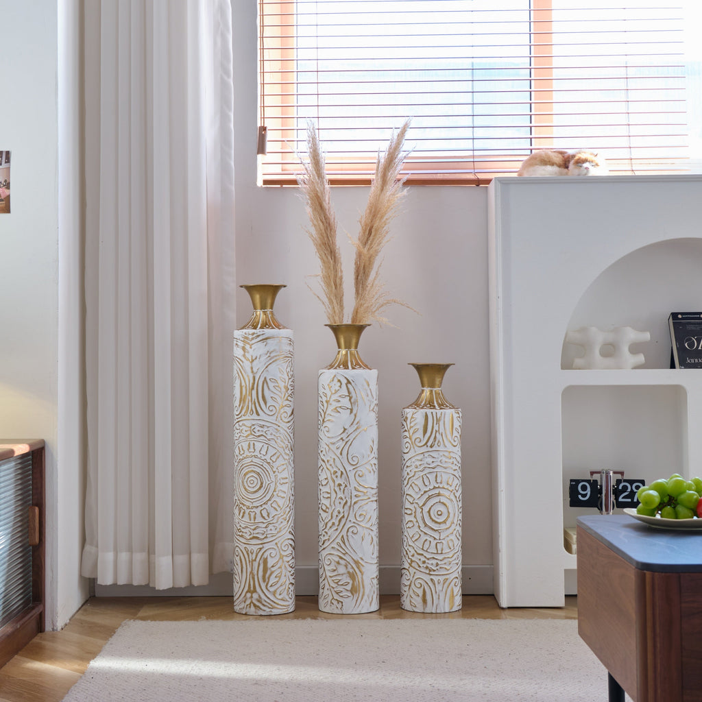 Floor Metal Vases Decorated White Metal Vases Set of 3 Gorgeous Home Decoration Large Glazed Metal Vases 24in/28.7in/33.5in Height