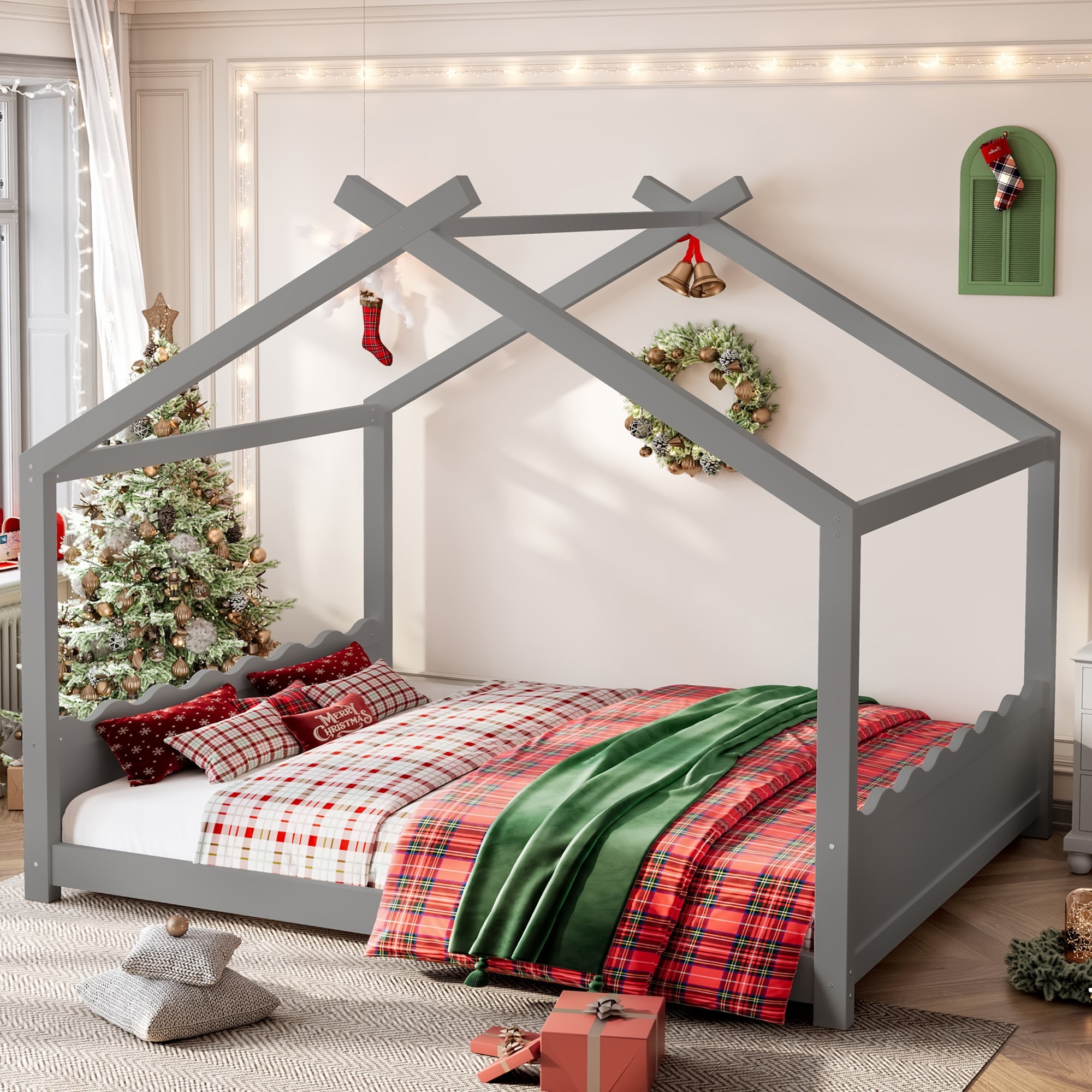 Queen House Floor Bed with Support Slats, Solid Wood House Bed Frame for Kids, No Box Spring Needed and Opening Constructure, Gray