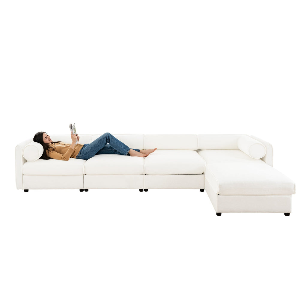 Modular Sectional Sofa with Storage, Cylindrical Backrest and Armrests Deep Comfortable Seating,Durable and Supportive for Living Room,4 Seat L- Shaped Sofa, White