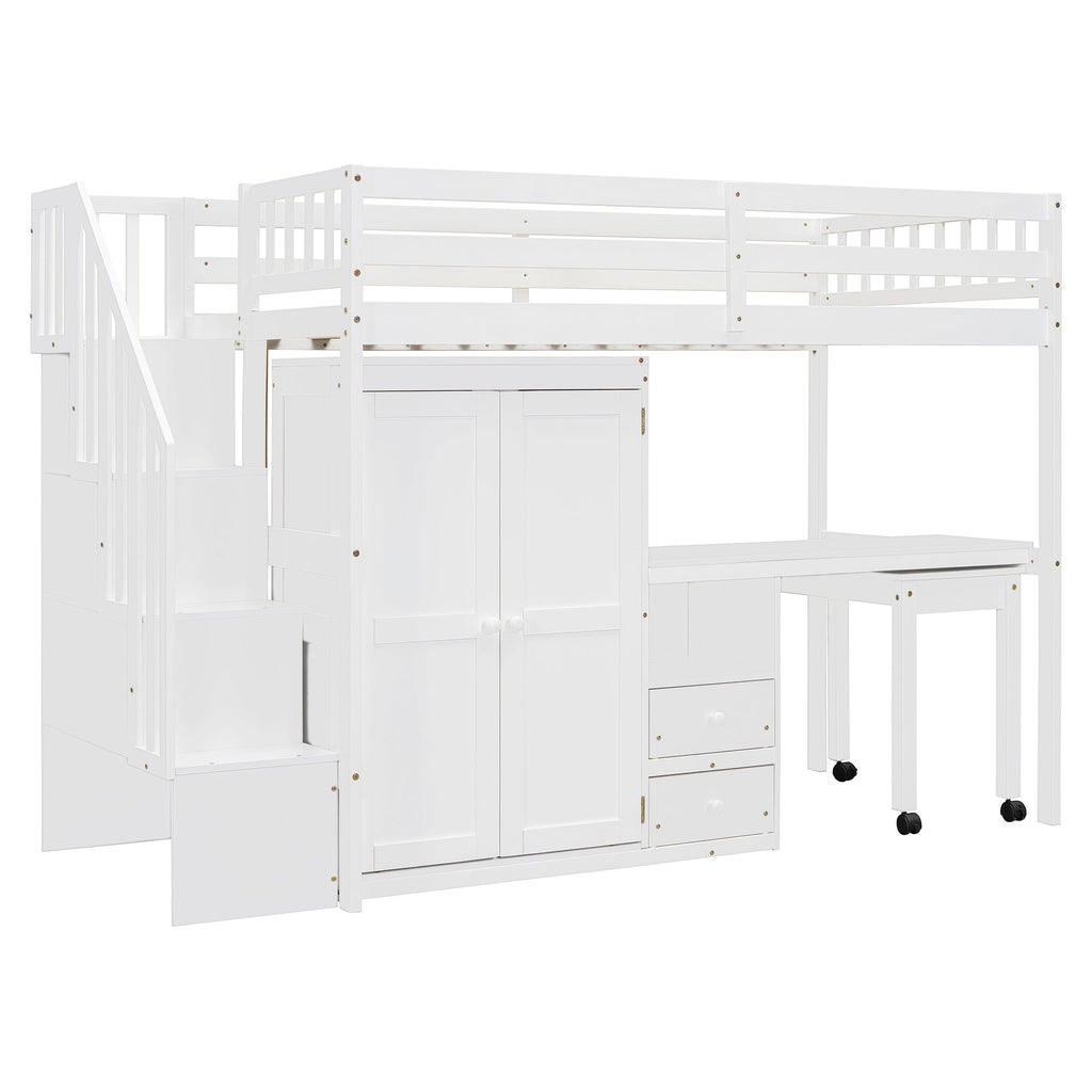 Twin Size Loft Bed with Stairs, Bookshelf, Drawers, Desk & Wardrobe – Space-Saving Multifunctional Furniture for Kids & Teens-White