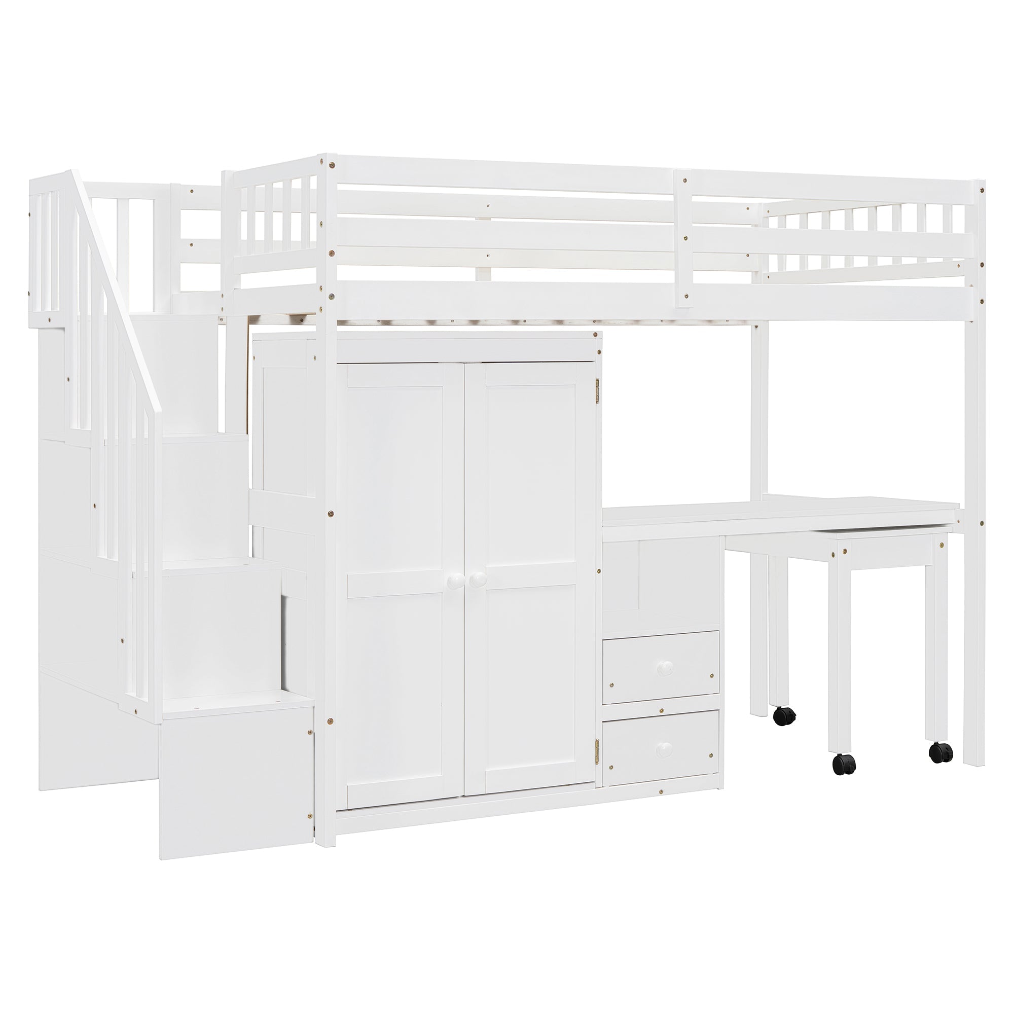 Twin Size Loft Bed with Stairs, Bookshelf, Drawers, Desk & Wardrobe – Space-Saving Multifunctional Furniture for Kids & Teens-White