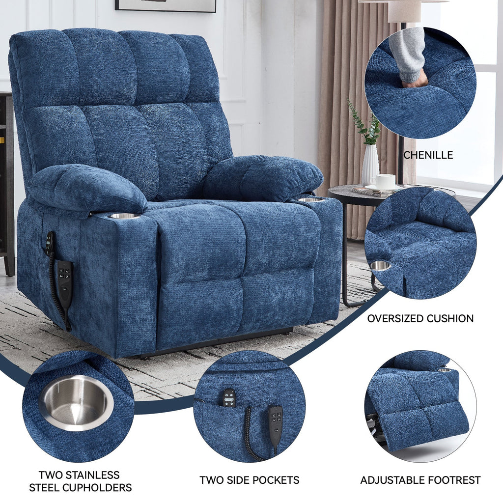 Blue Dual Motor Infinite Position Up to 350 LBS Chenille Power Lift Recliner Chair, Heavy Duty Motion Mechanism with 8-Point Vibration Massage and Lumbar Heating, Dual Cup Holders