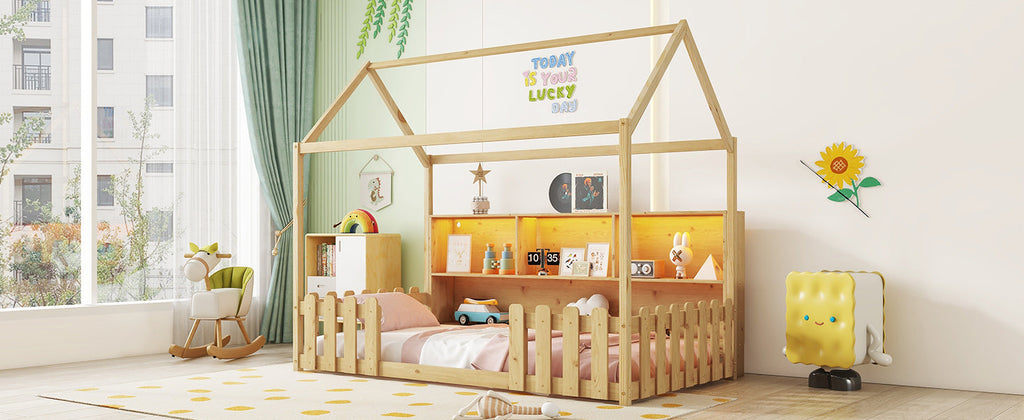 Twin Size House Bed with LED Light, Wood House Bed with Storage Bookshelf, Floor House Bed with Guardrails for Kids, Natural (Expect Arrival Date 2025/3/14)