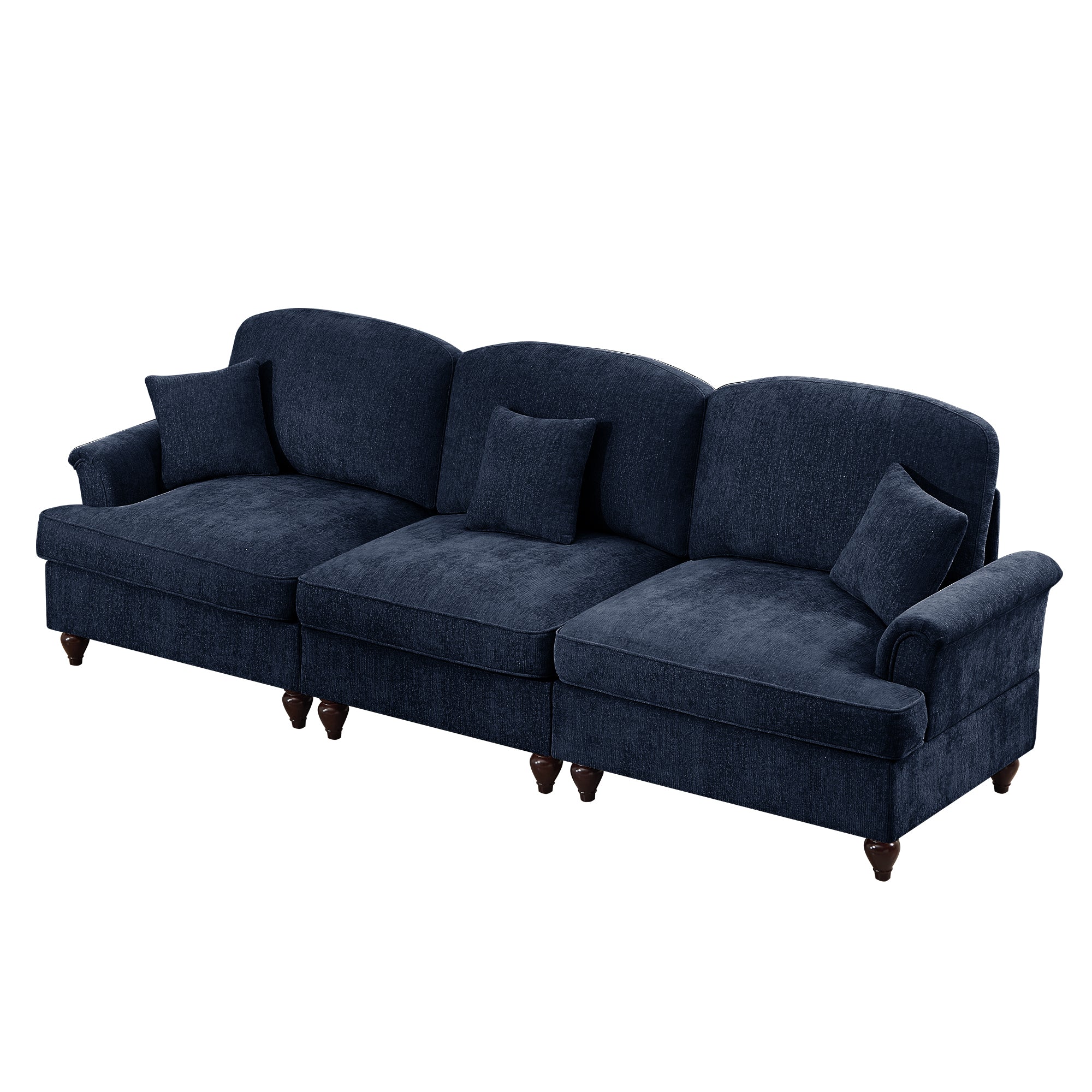 Elegant Mid Century Large 3 Seater Sofa Couch with Flared Arms and Removable Ruffles Pleats Skirts and Spindle Legs, Comfy Chenille Three-Seat Sofa for Living Room, Blue
