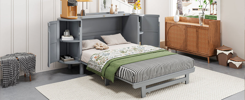 Full Murphy Bed with Hidden Storage & Modern Woven Design,Gray