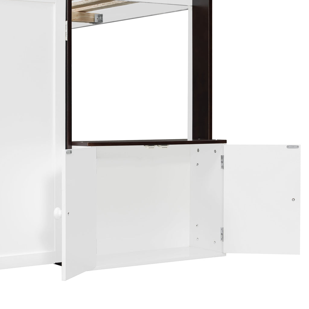 Full Loft House Bed with Playhouse & Storage, Modern Wood Cabin Bed for Kids/Teens, White+Espresso