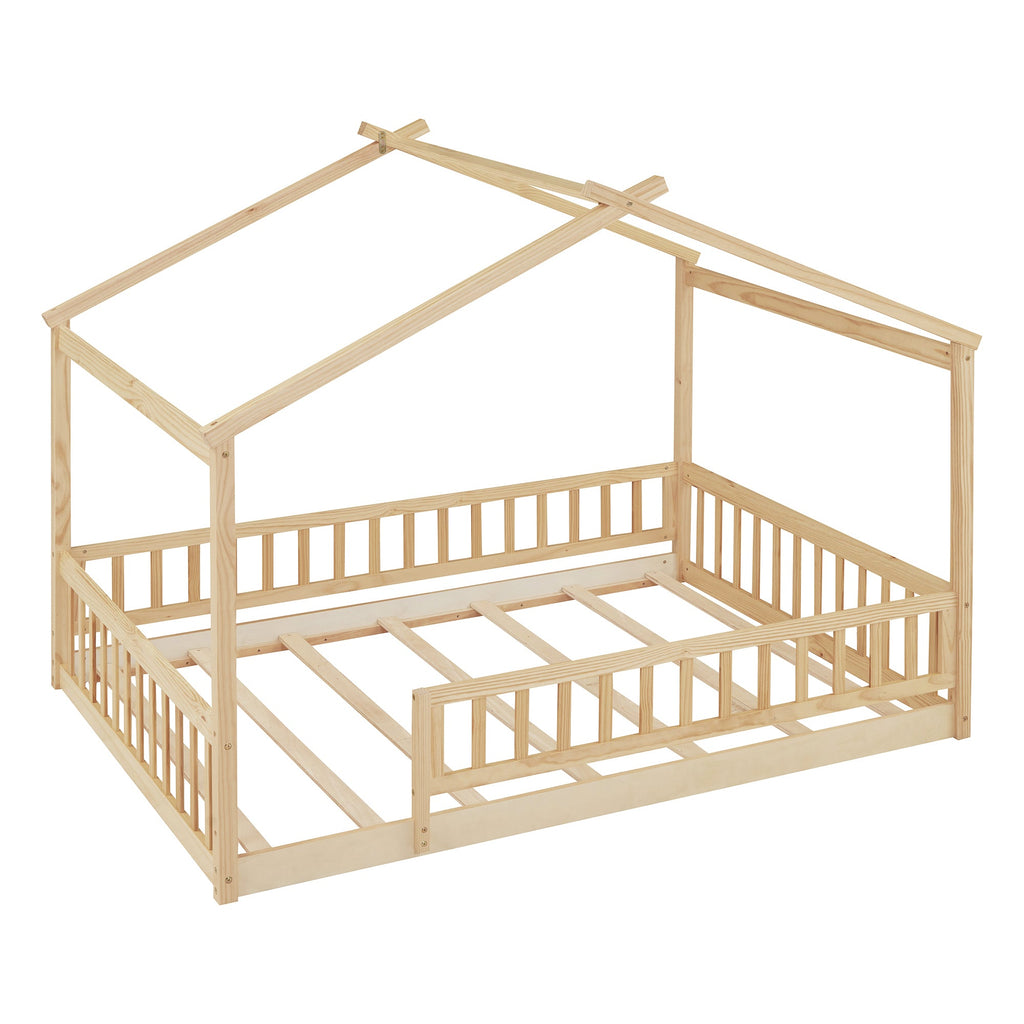 Full Size Wood Bed House Bed Frame with Fence, for Kids, Teens, Girls, Boys,Natural