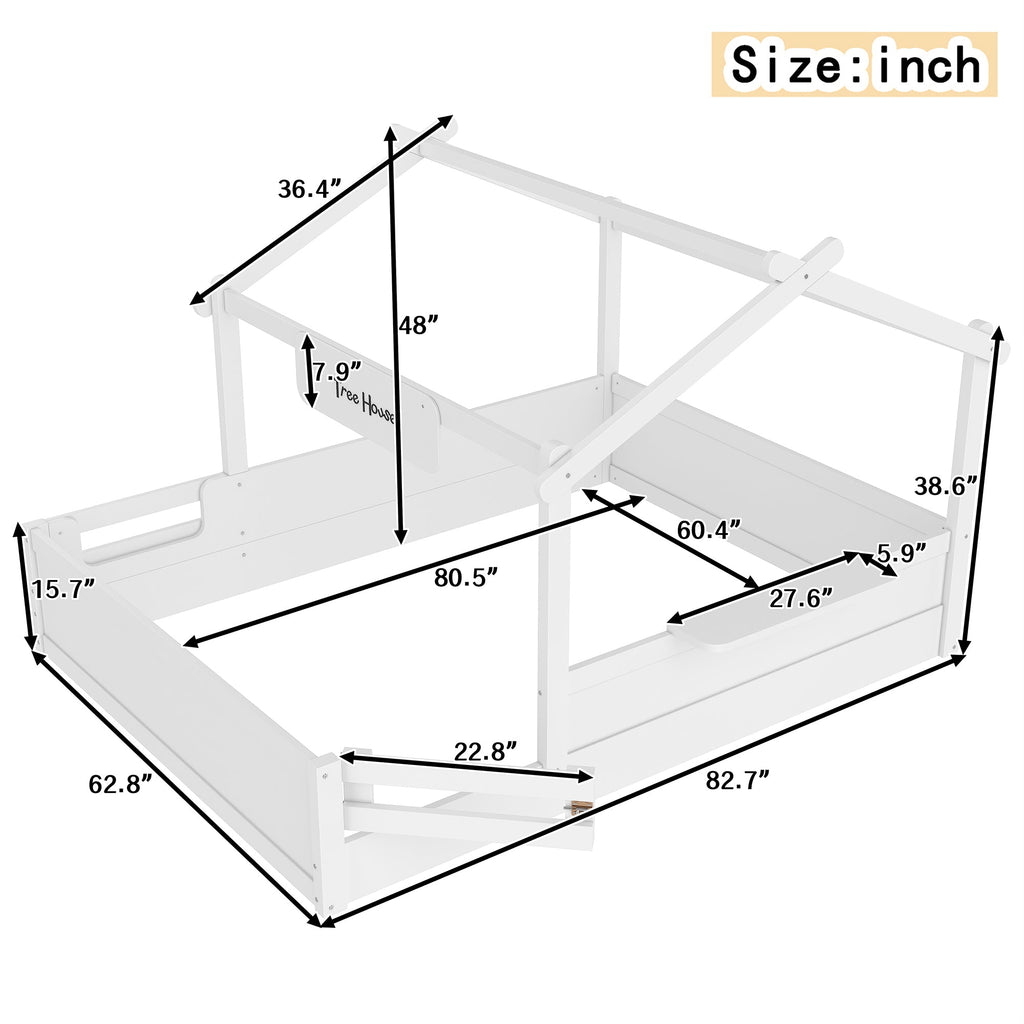 Queen Size Floor Bed with Guardrails and Roof, Kids House Floor Bed with a Small Built-in Tray and Free-installed Signboard, Childlike Design, White