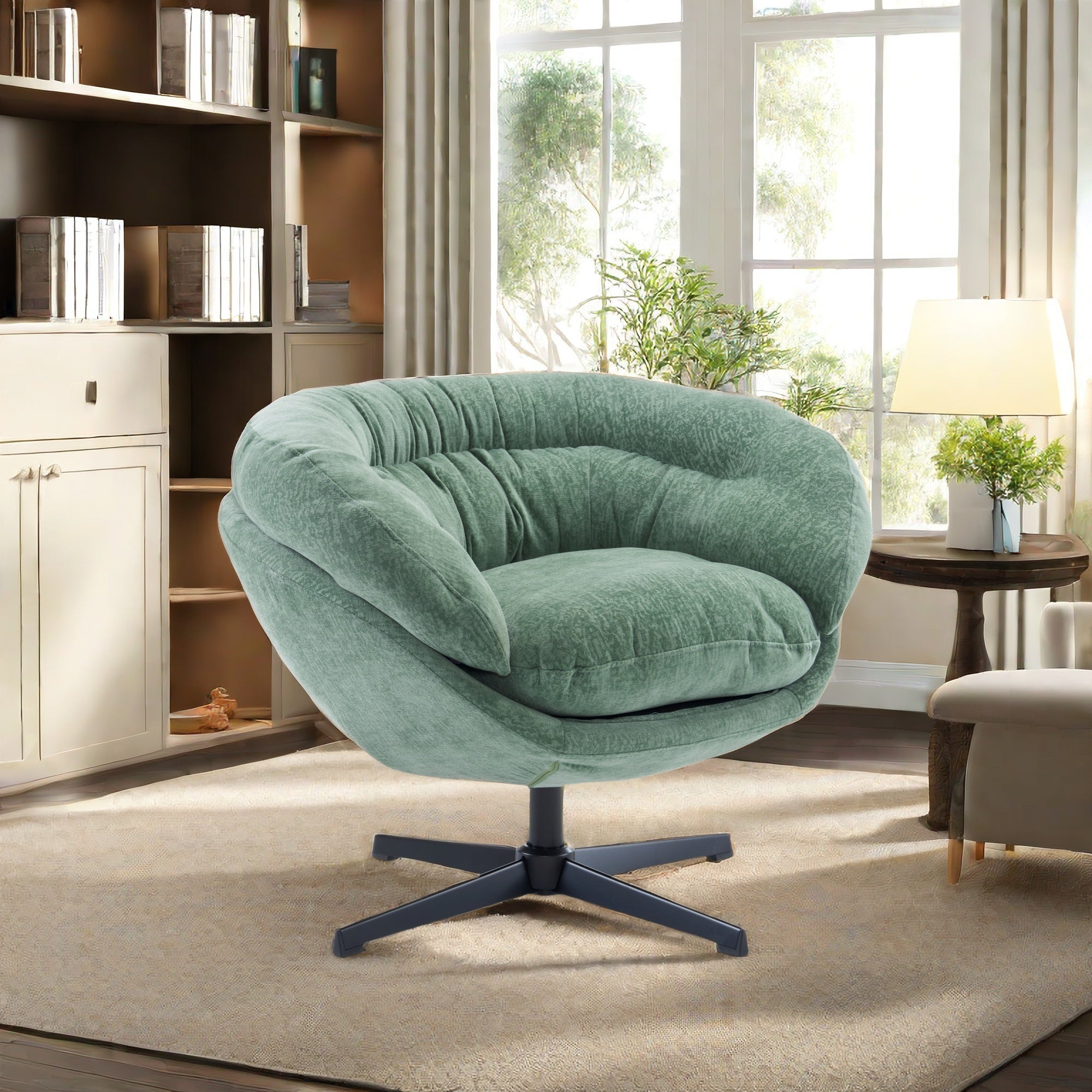 Modern Chenille Office Chair, 360° Swivel Club Chair/Accent Chair with Removable Cushion, Round Office Chair, Black Metal Base, Cotton Material, Living Room, Bedroom, Reading Corner, Office (Green)
