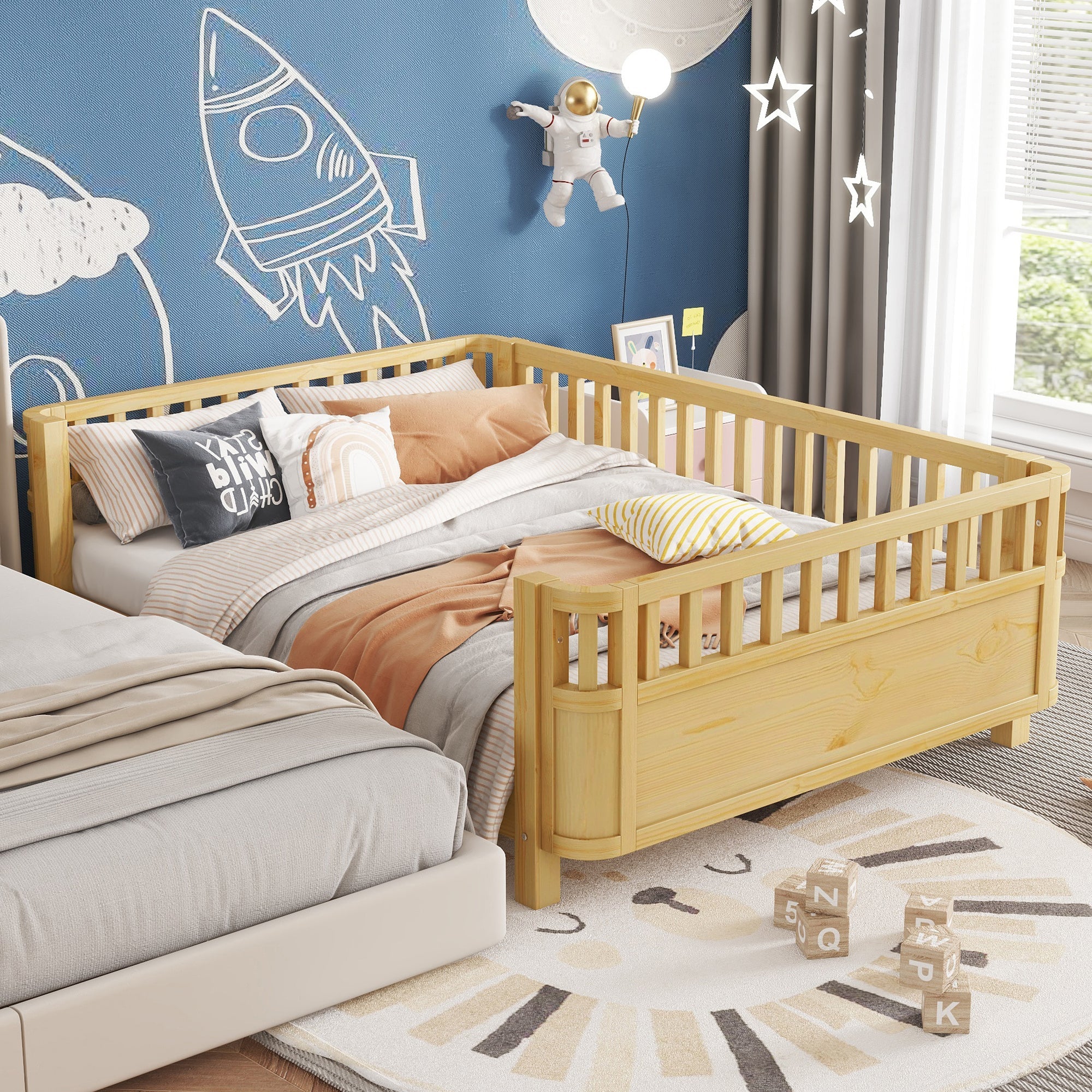 Full Size Wood Platform Bed for Kids, Wood Low Profile Full Bed with Rails for Girls and Boys, Natural (Patented Design, Old SKU W2593P233781)