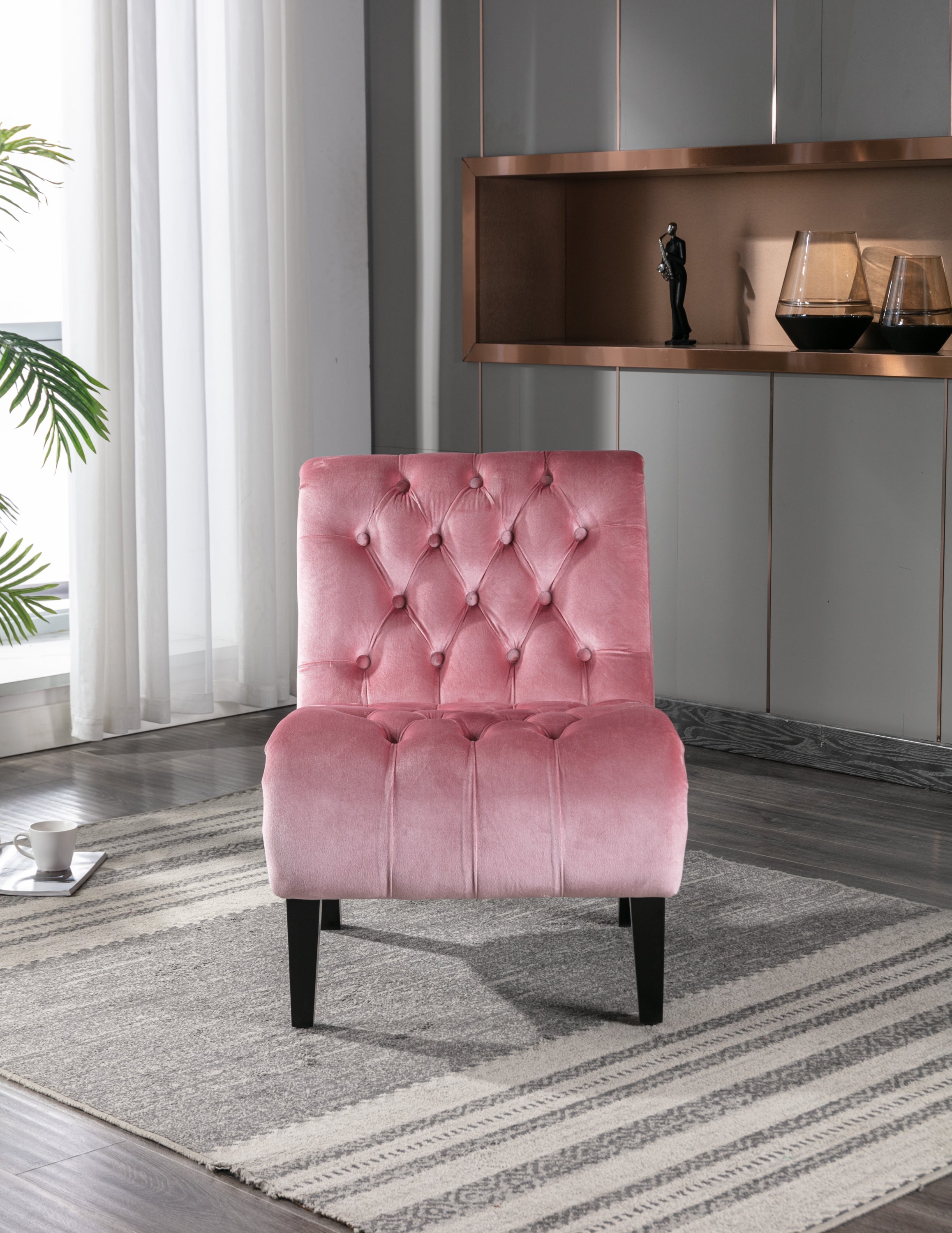 COOLMORE Modern Velvet Armless Accent Living Room Chair / Leisure Chair,Upholstered Fabric Button Comfortable Chair with Wooden Legs for Bedroom, Living Room, Office (Pink Velvet)