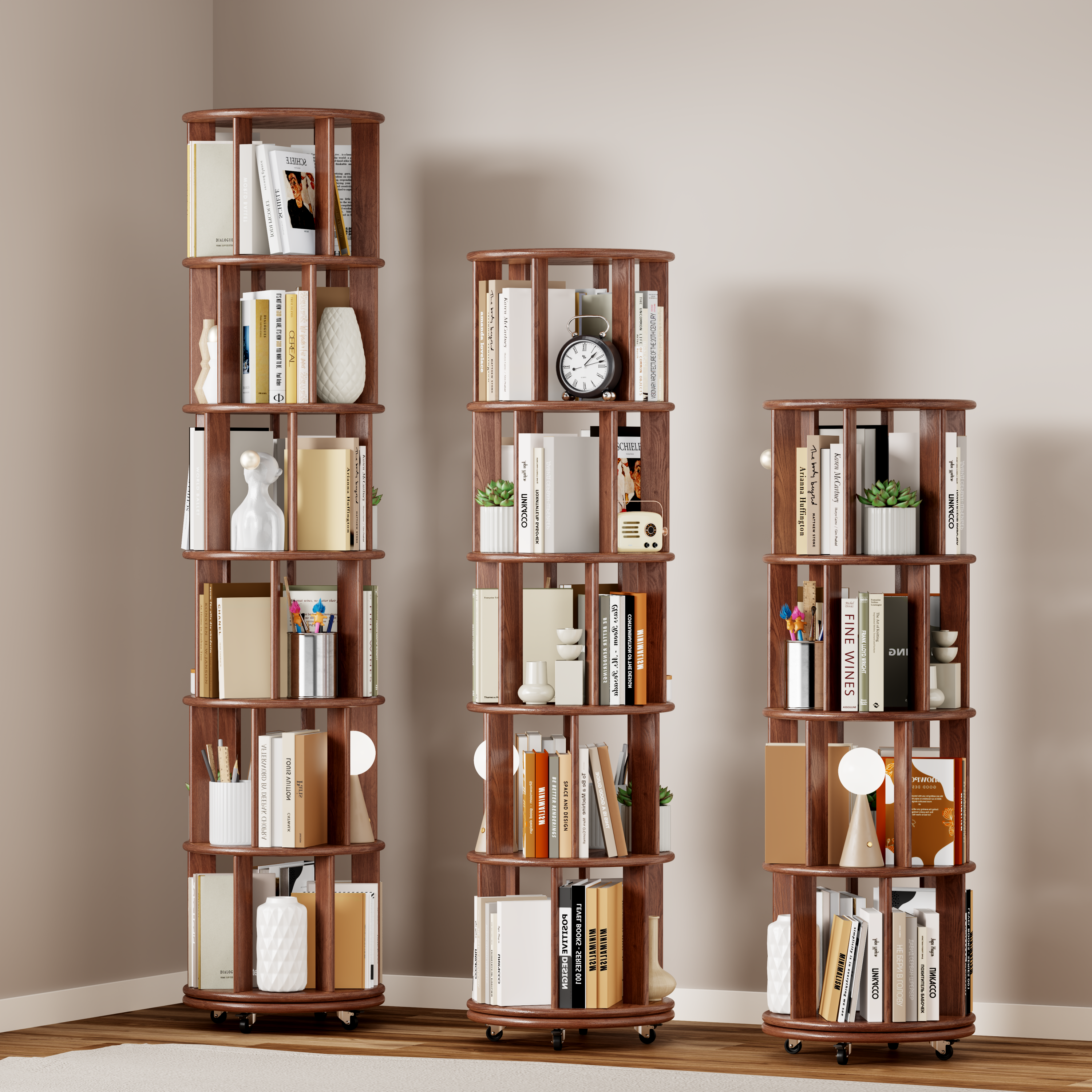 100%Solid Wood Rotating Bookshelf on Wheels, 6 Tier, Round Revolving Bookcase, 360° Spinning Book Shelf Tower for Kids, Narrow Rolling Bookshelves for Small Space, Corner, Bedroom, Office, Walnut